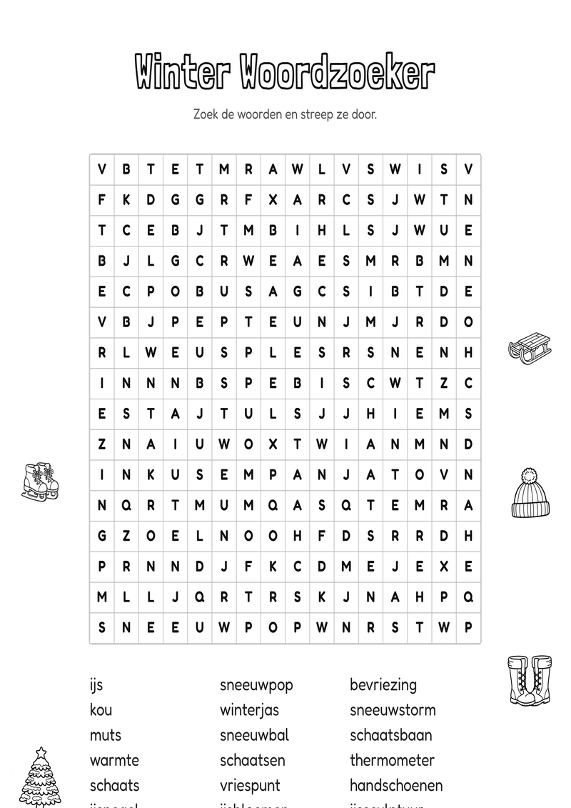 Winter Woordzoeker Groep 7-8 — gratis werkblad PDF