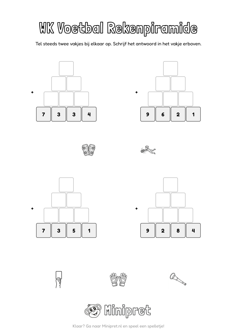 WK Voetbal Rekenpiramide Groep 3-4 — gratis werkblad PDF