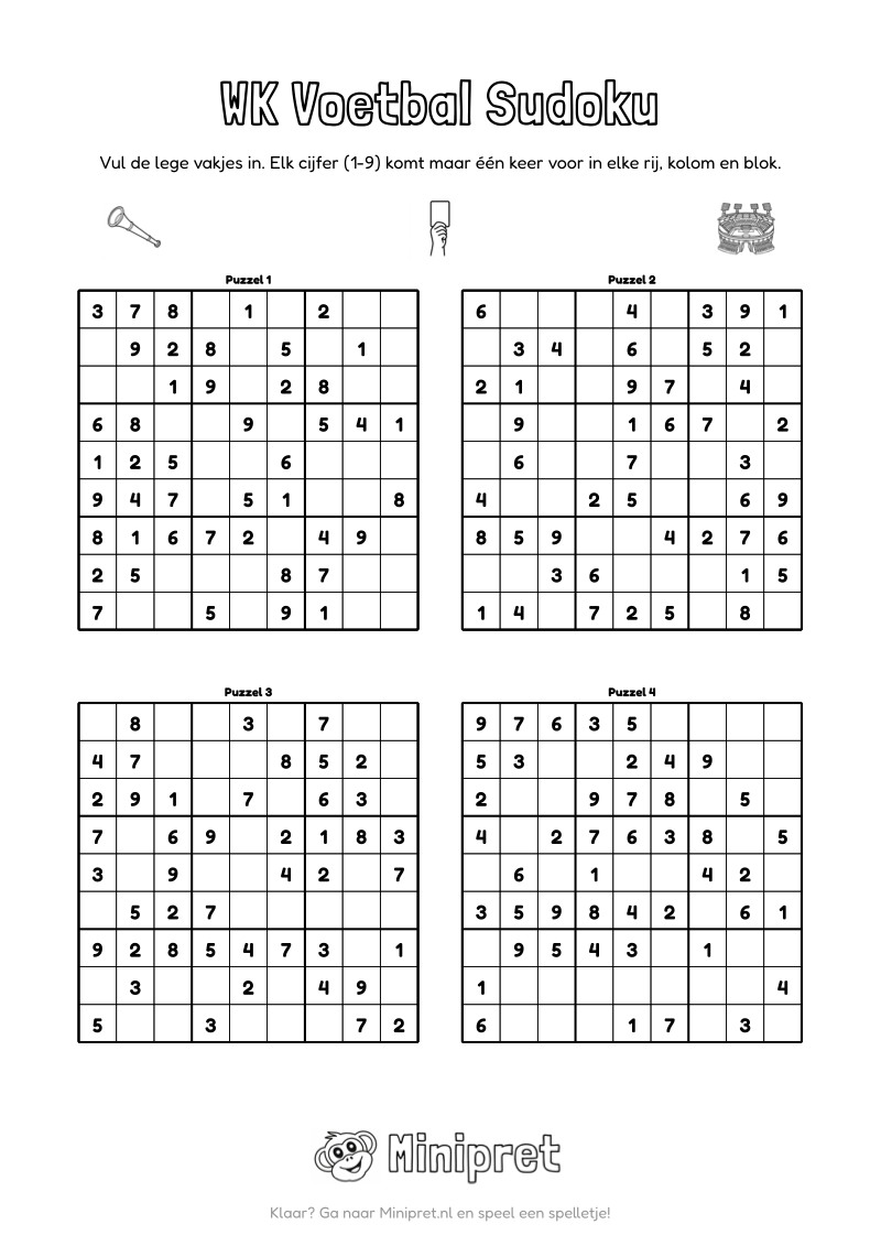WK Voetbal Sudoku Groep 3-4 — gratis werkblad PDF