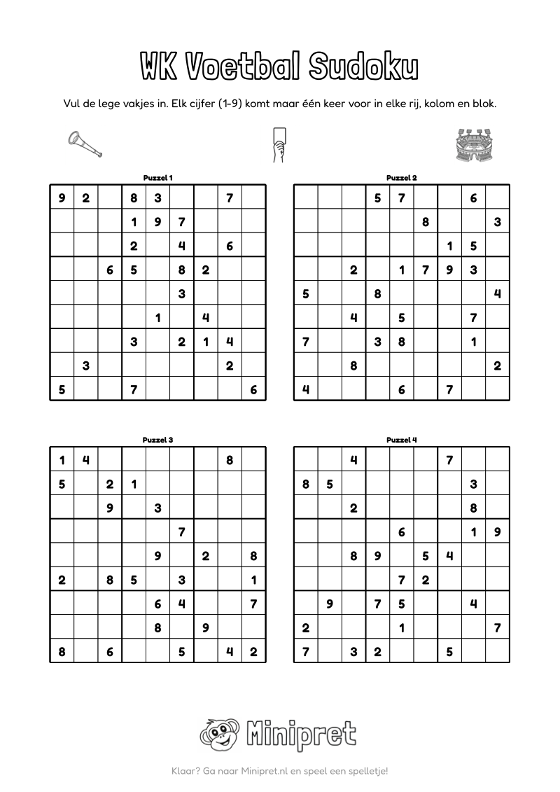 WK Voetbal Sudoku Groep 7-8 — gratis werkblad PDF