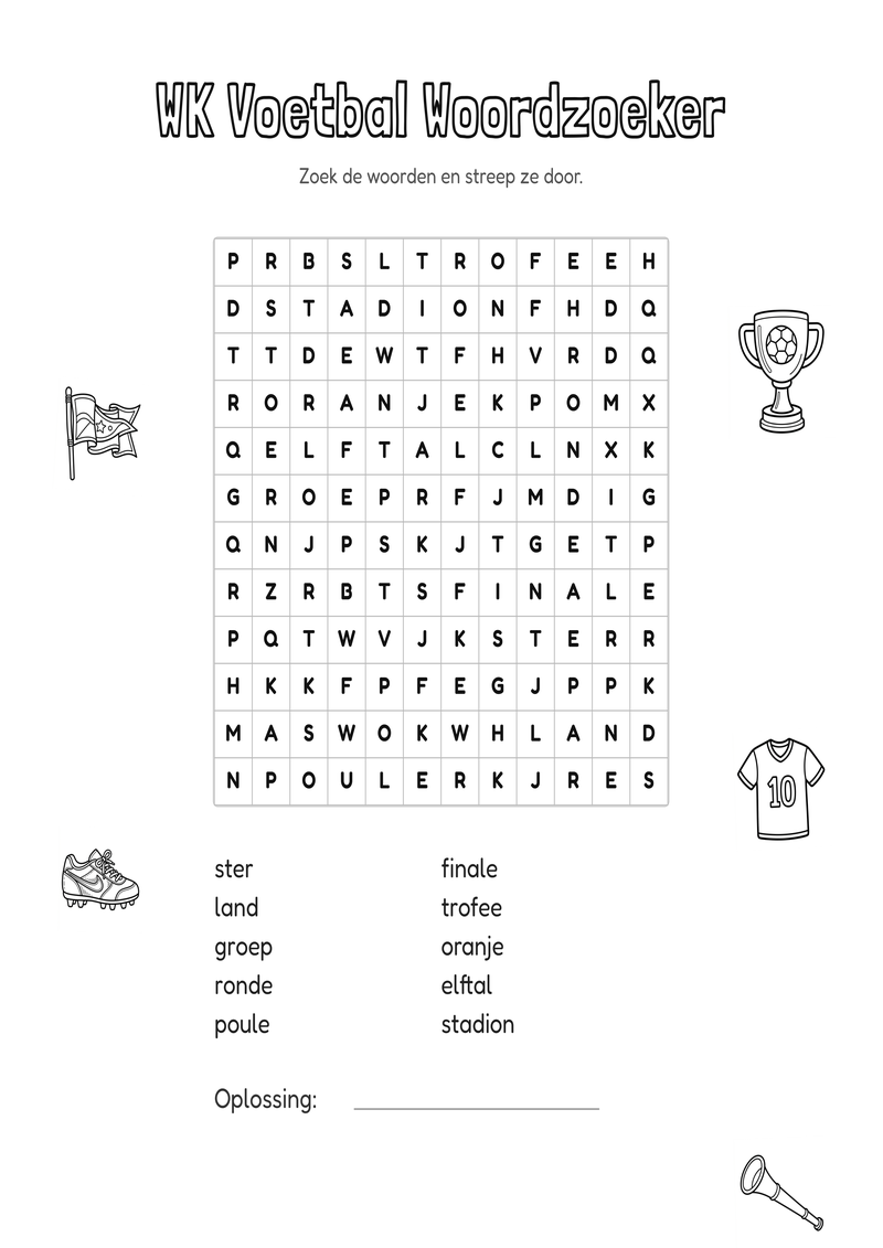 WK Voetbal Woordzoeker Groep 3-4 — gratis werkblad PDF