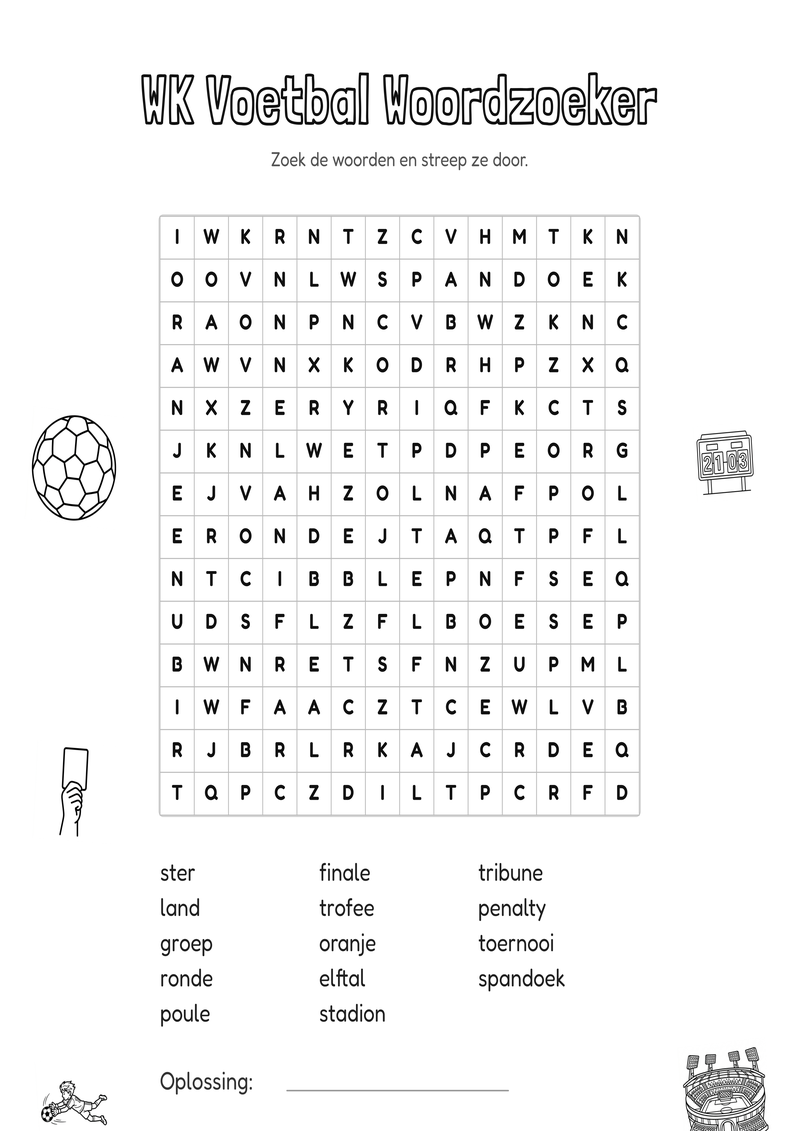 WK Voetbal Woordzoeker Groep 5-6 — gratis werkblad PDF