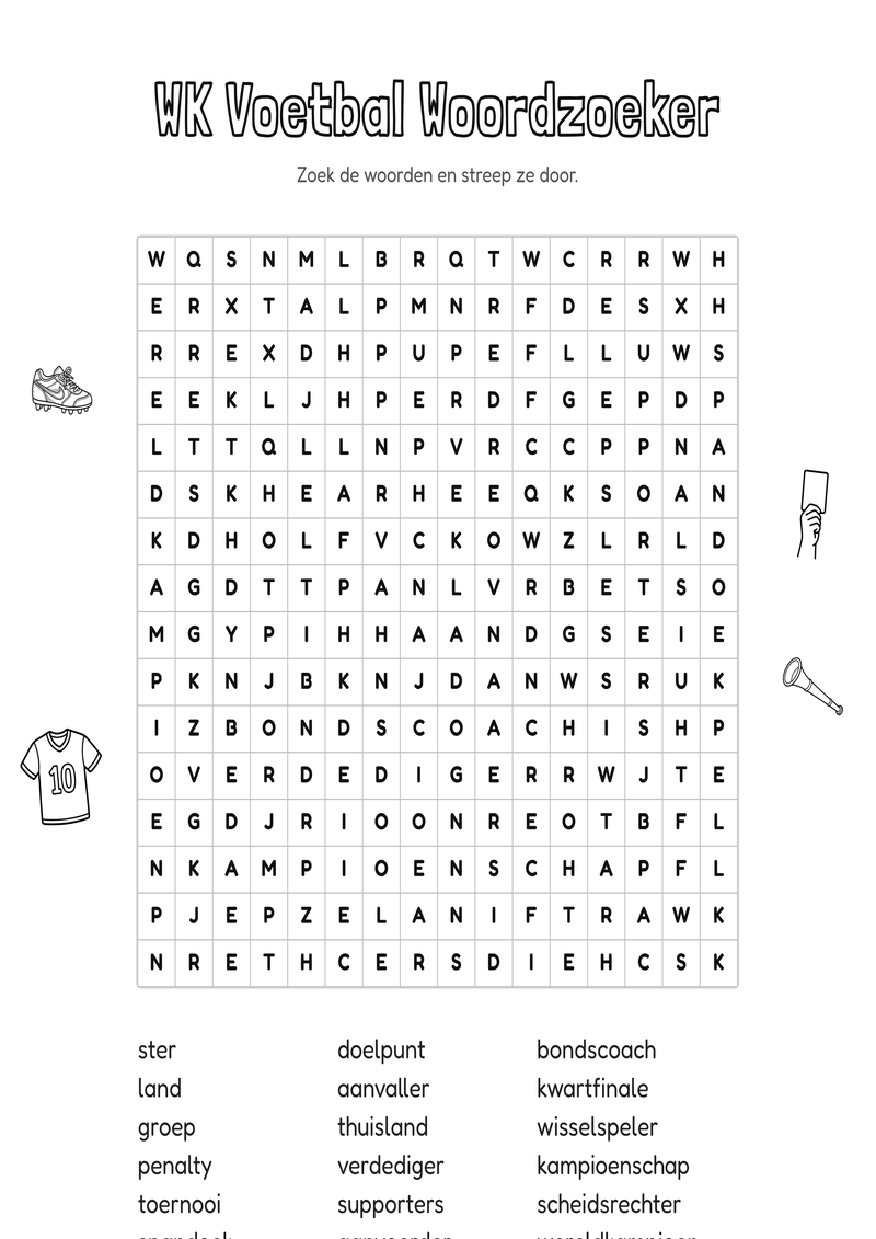 WK Voetbal Woordzoeker Groep 7-8 — gratis werkblad PDF