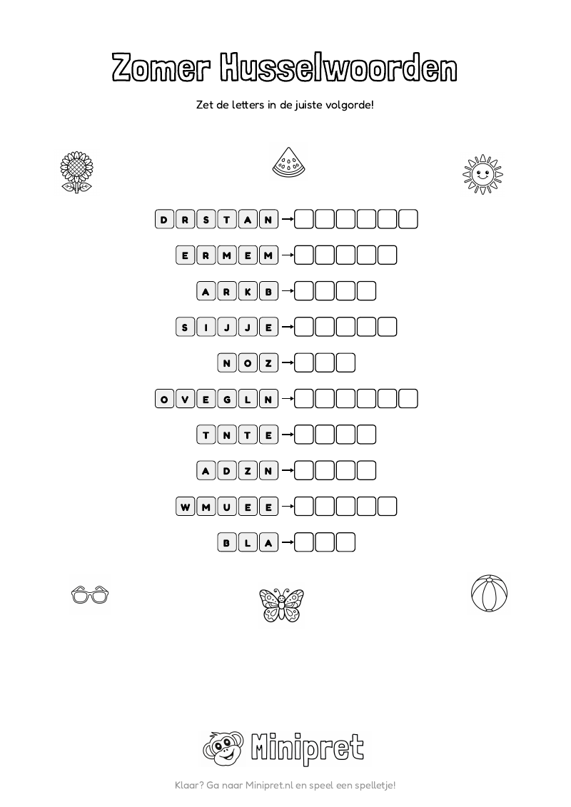 Zomer Husselwoorden Groep 3-4 — gratis werkblad PDF