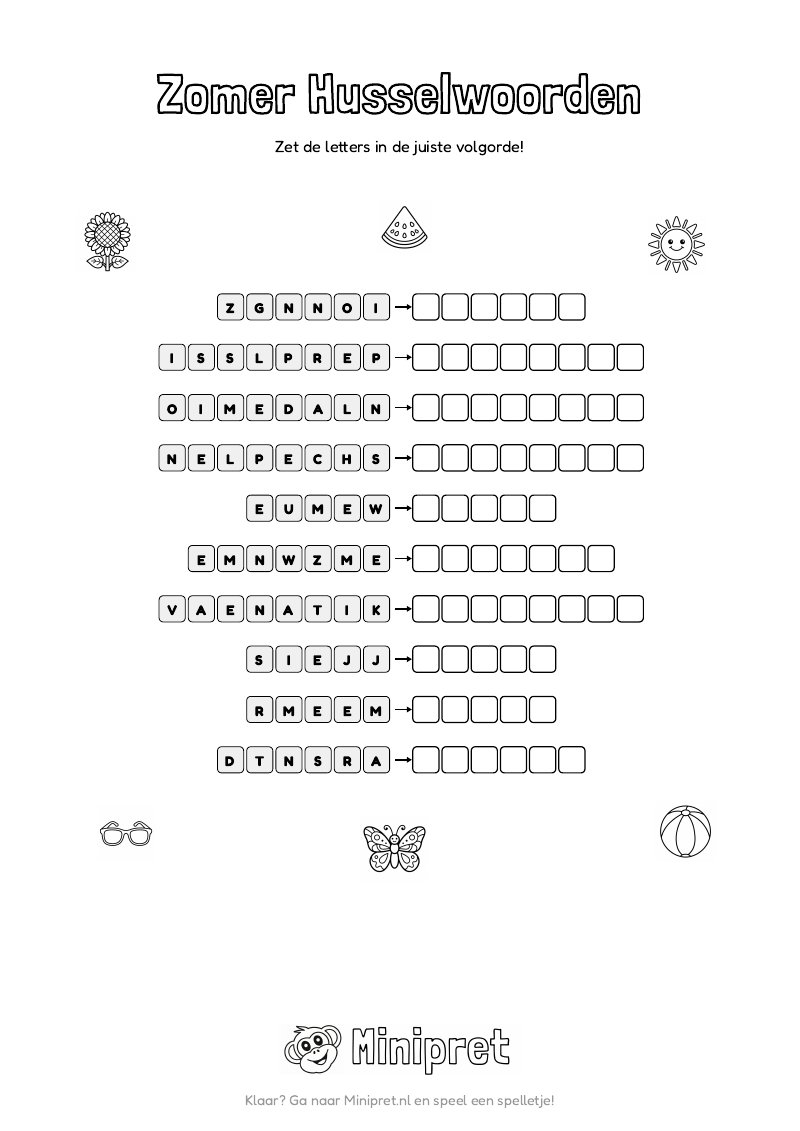 Zomer Husselwoorden Groep 5-6 — gratis werkblad PDF