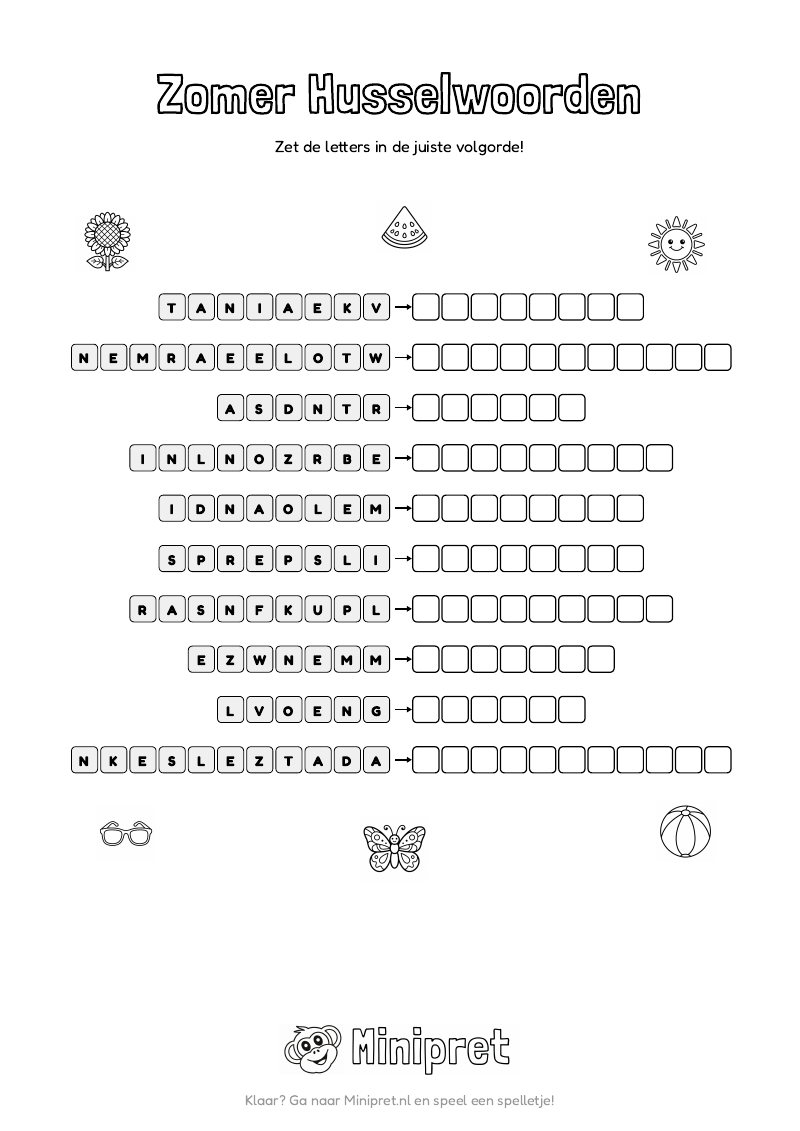 Zomer Husselwoorden Groep 7-8 — gratis werkblad PDF