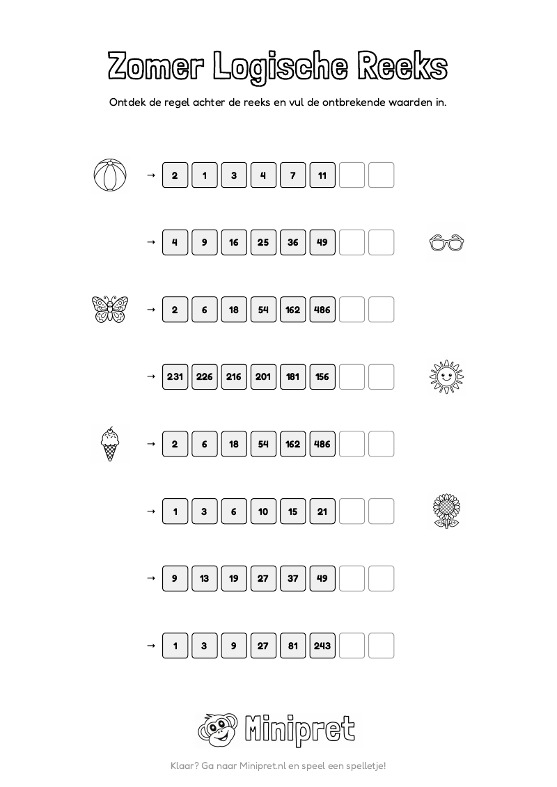 Zomer Logische Reeks Groep 7-8 — gratis werkblad PDF