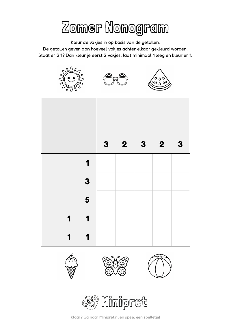 Zomer Nonogram Groep 5-6 — gratis werkblad PDF