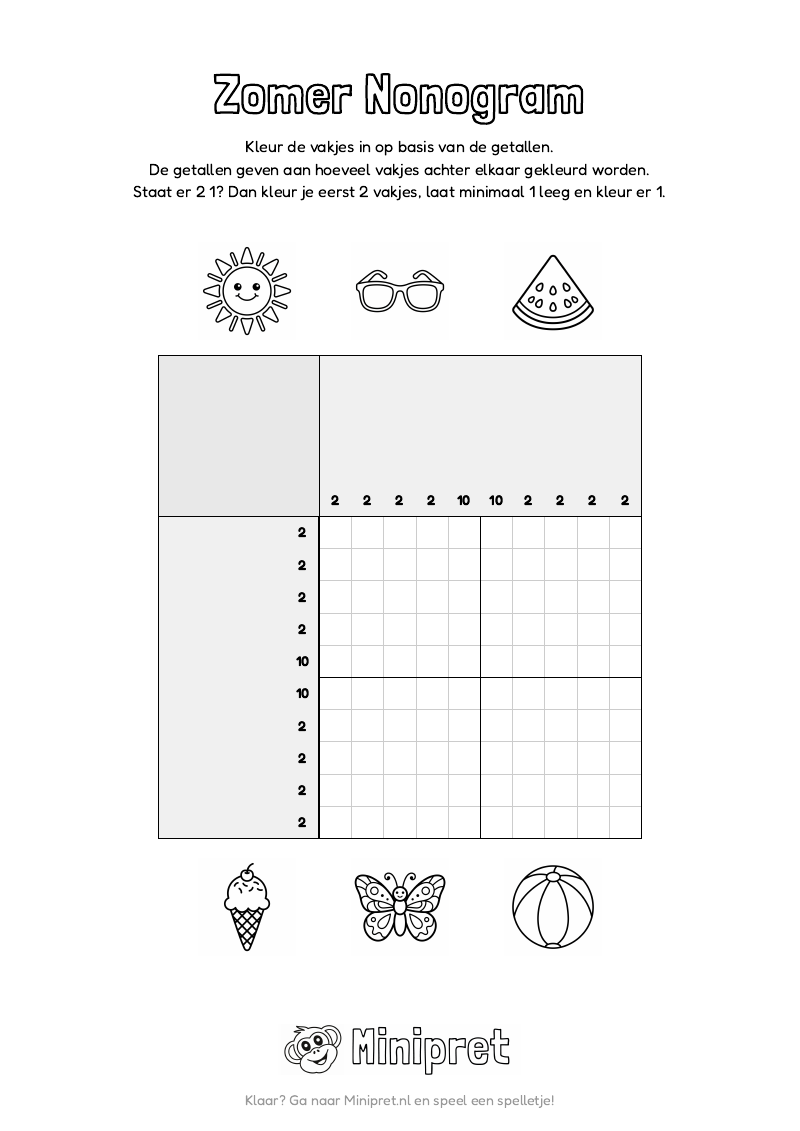 Zomer Nonogram Groep 7-8 — gratis werkblad PDF