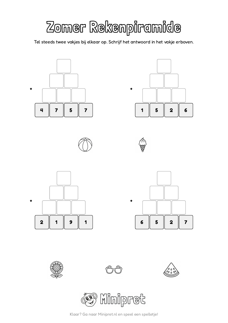 Zomer Rekenpiramide Groep 3-4 — gratis werkblad PDF