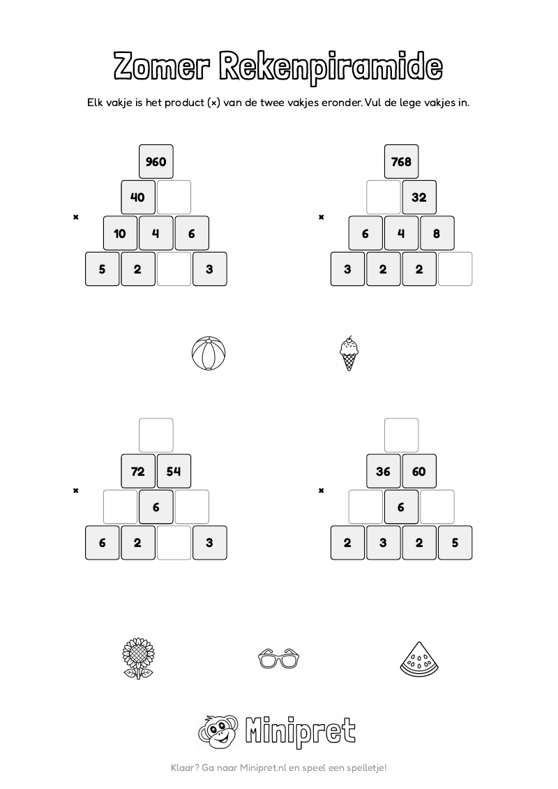 Zomer Rekenpiramide Groep 7-8 — gratis werkblad PDF