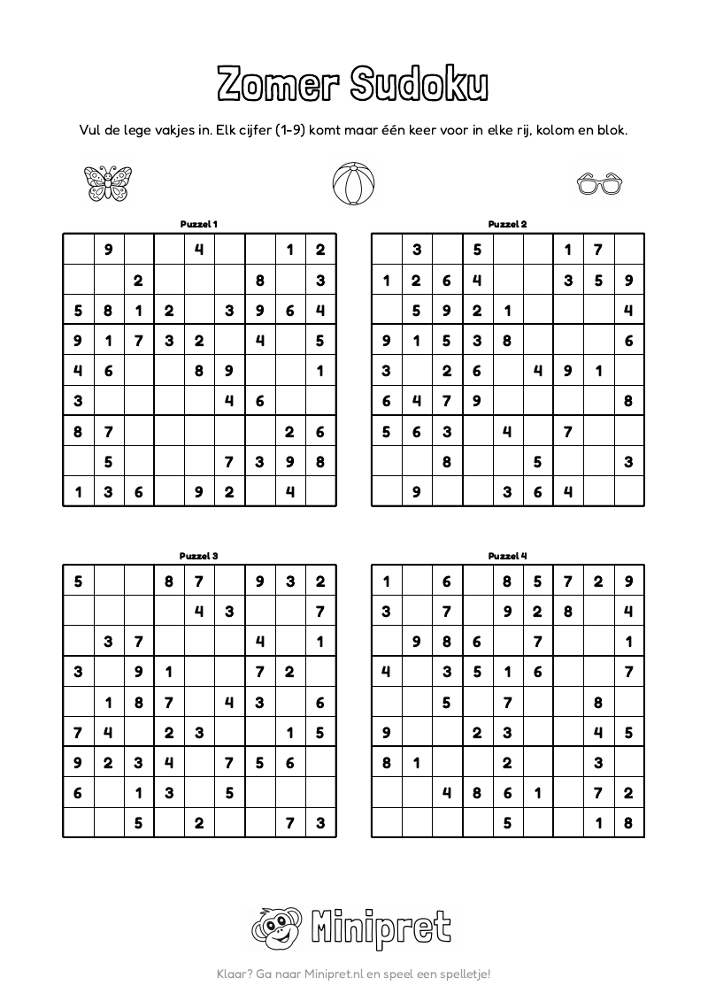 Zomer Sudoku Groep 3-4 — gratis werkblad PDF