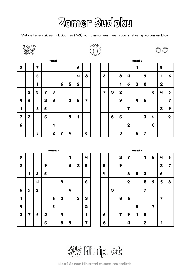 Zomer Sudoku Groep 5-6 — gratis werkblad PDF