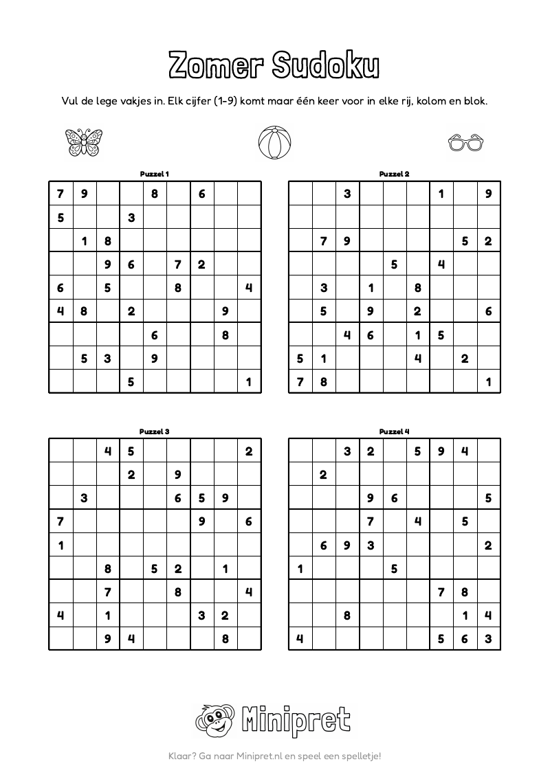 Zomer Sudoku Groep 7-8 — gratis werkblad PDF