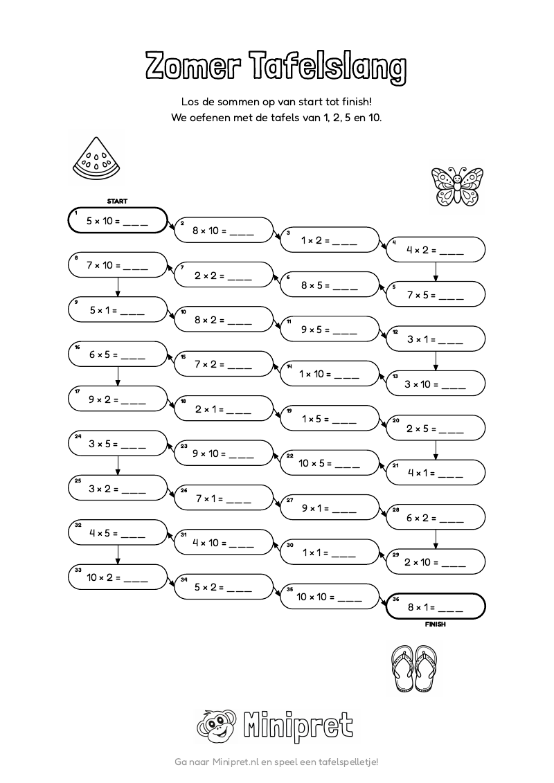Zomer Tafelslang Groep 3-4 — gratis werkblad PDF