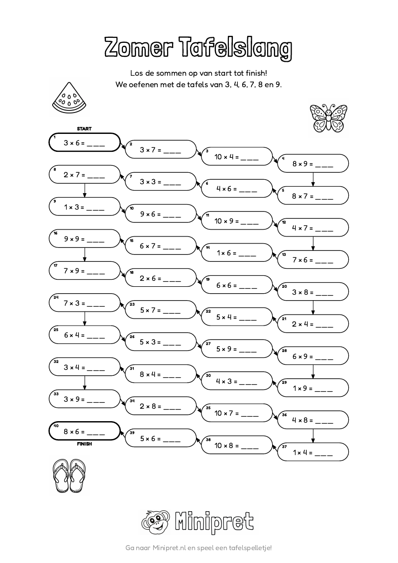 Zomer Tafelslang Groep 5-6 — gratis werkblad PDF