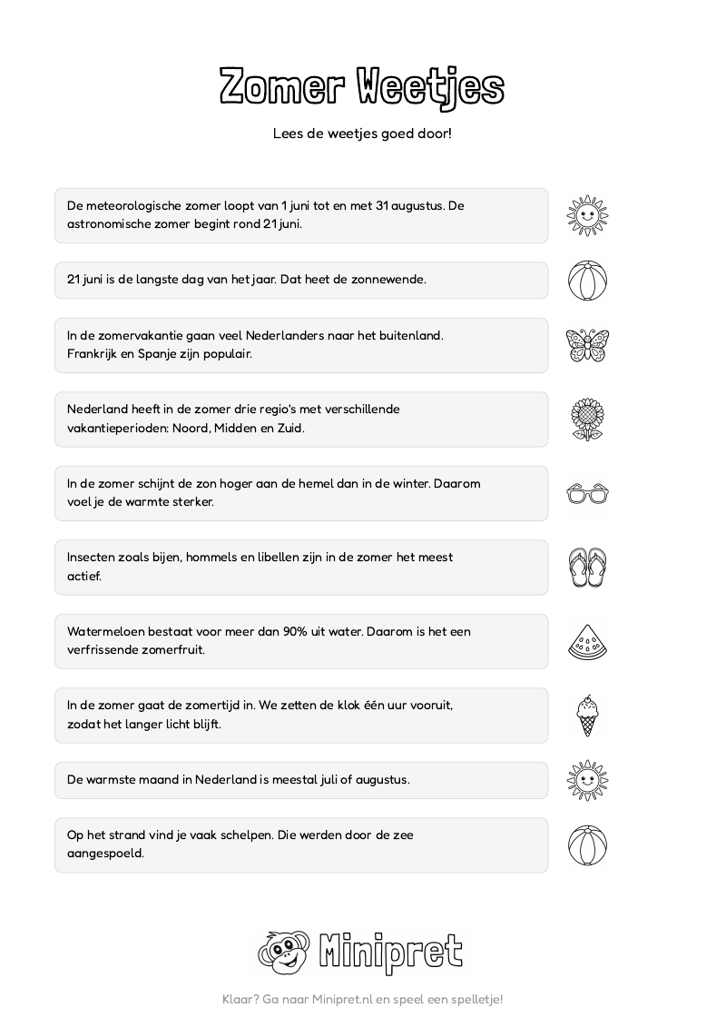 Zomer Weetjes En Quiz Groep 5-6 — gratis werkblad PDF