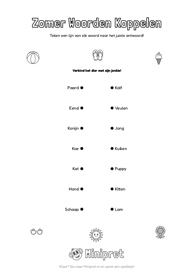 Zomer Woorden Koppelen Groep 3-4 — gratis werkblad PDF