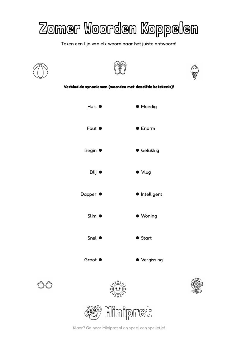 Zomer Woorden Koppelen Groep 5-6 — gratis werkblad PDF