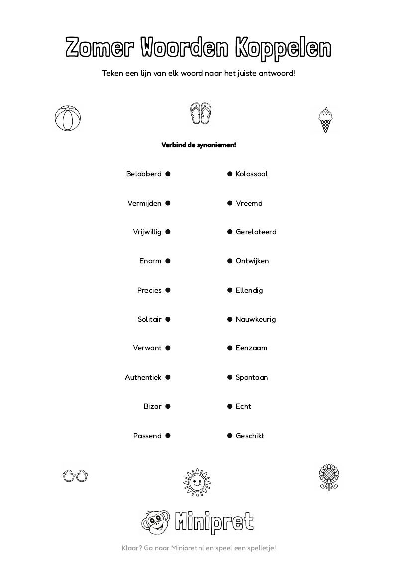 Zomer Woorden Koppelen Groep 7-8 — gratis werkblad PDF