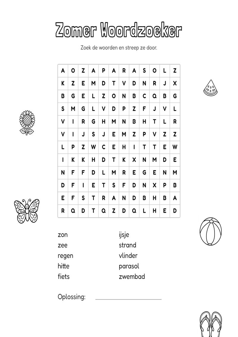 Zomer Woordzoeker Groep 3-4 — gratis werkblad PDF