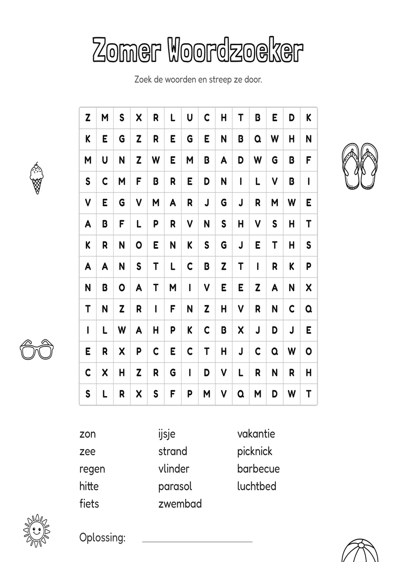 Zomer Woordzoeker Groep 5-6 — gratis werkblad PDF