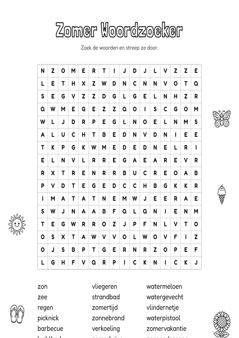 Zomer Woordzoeker Groep 7-8 — gratis werkblad PDF