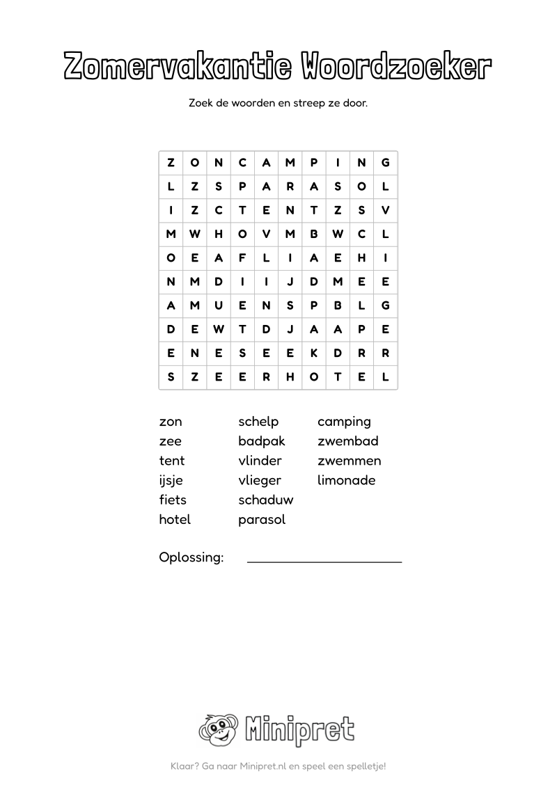 Zomervakantie Woordzoeker Groep 3-4 — gratis werkblad PDF