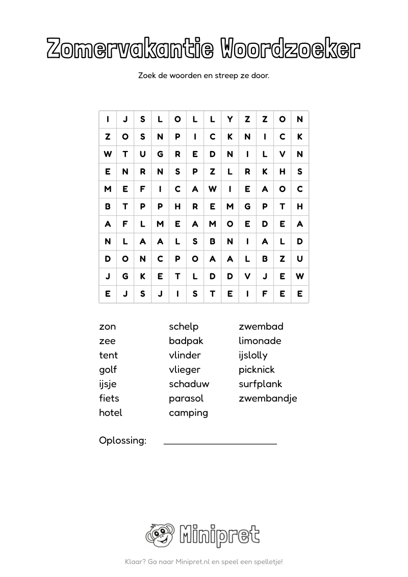 Zomervakantie Woordzoeker Groep 5-6 — gratis werkblad PDF