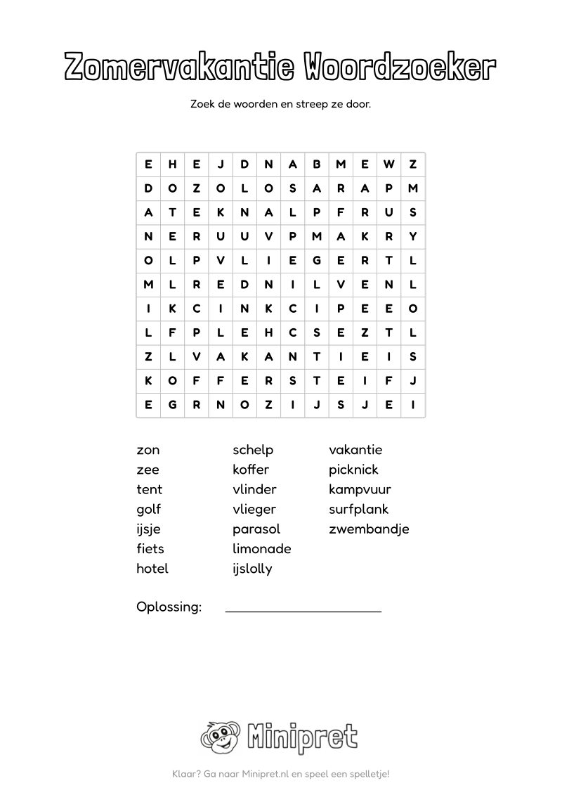 Zomervakantie Woordzoeker Groep 7-8 — gratis werkblad PDF