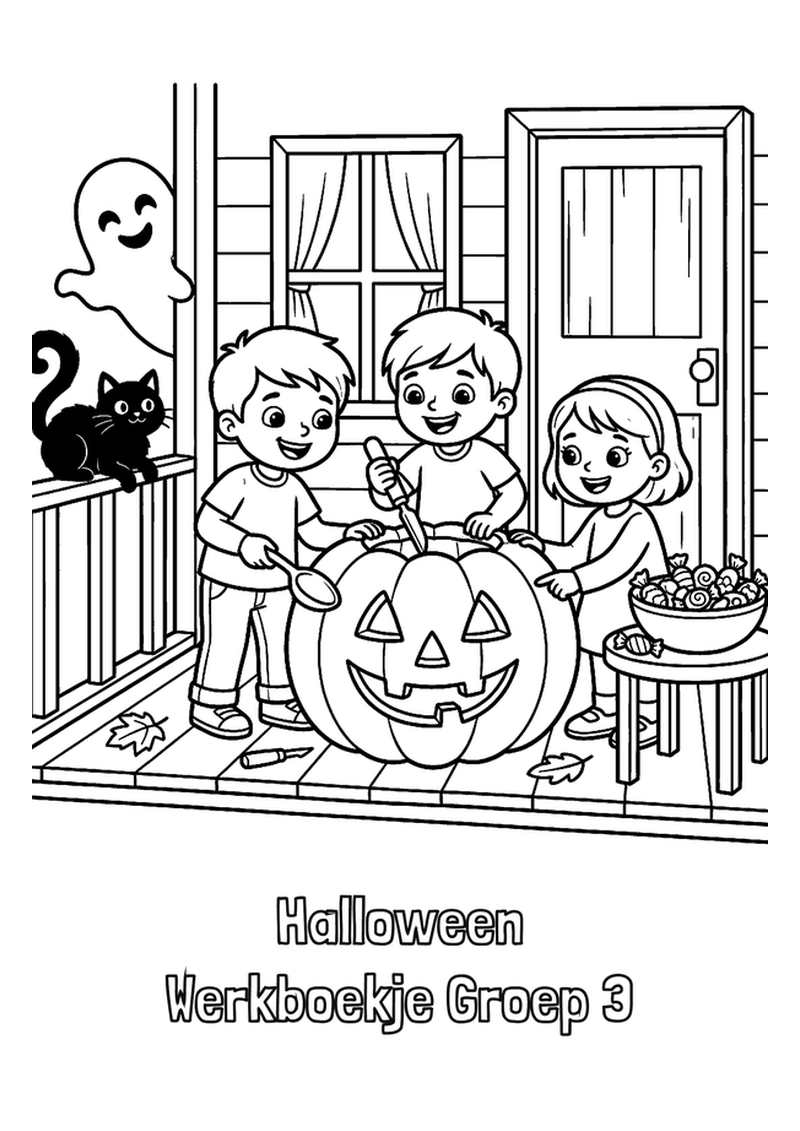 Cover van het Halloween werkboekje groep 3 met griezelige maar vrolijke figuren