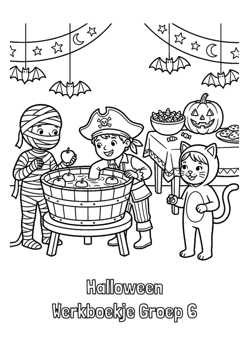 Cover van het Halloween werkboekje groep 6 met een heks en een skelet
