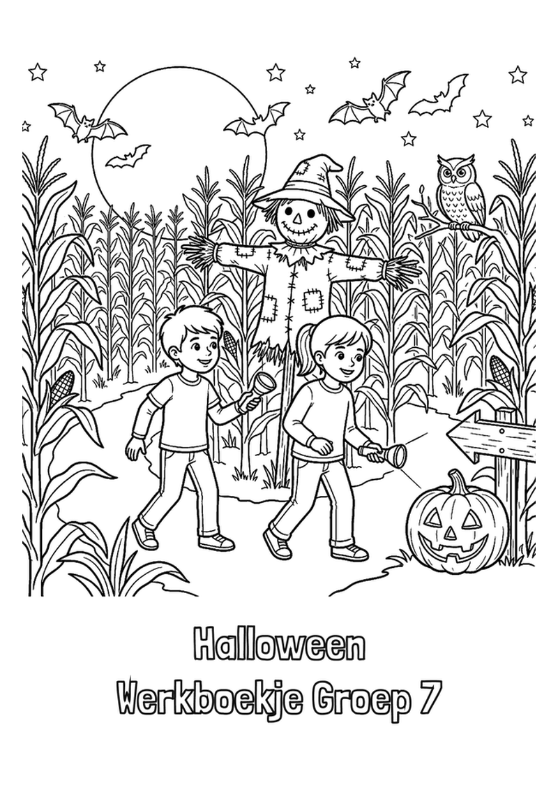 Cover van het Halloween werkboekje groep 7 met verklede kinderen bij volle maan