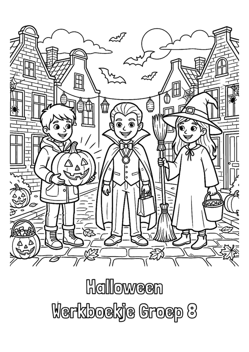 Cover van het Halloween werkboekje groep 8 met pompoenen en vleermuizen